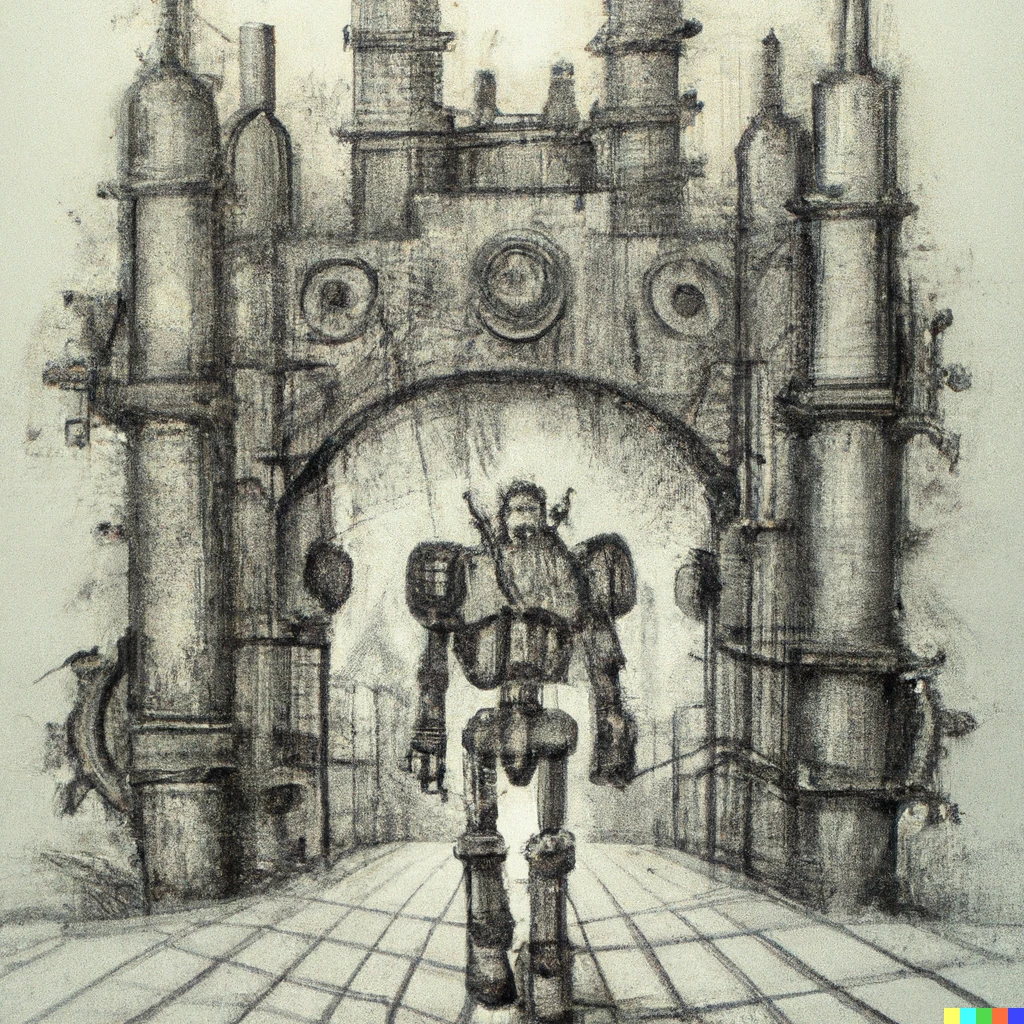 Prompt: charcoal drawing of a large steampunk mech walking through the city gates
