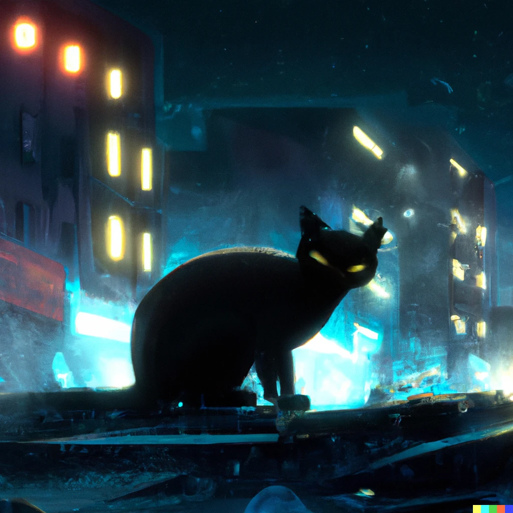 Prompt: A black cat in the streets of an abandoned cyberpunk city at night