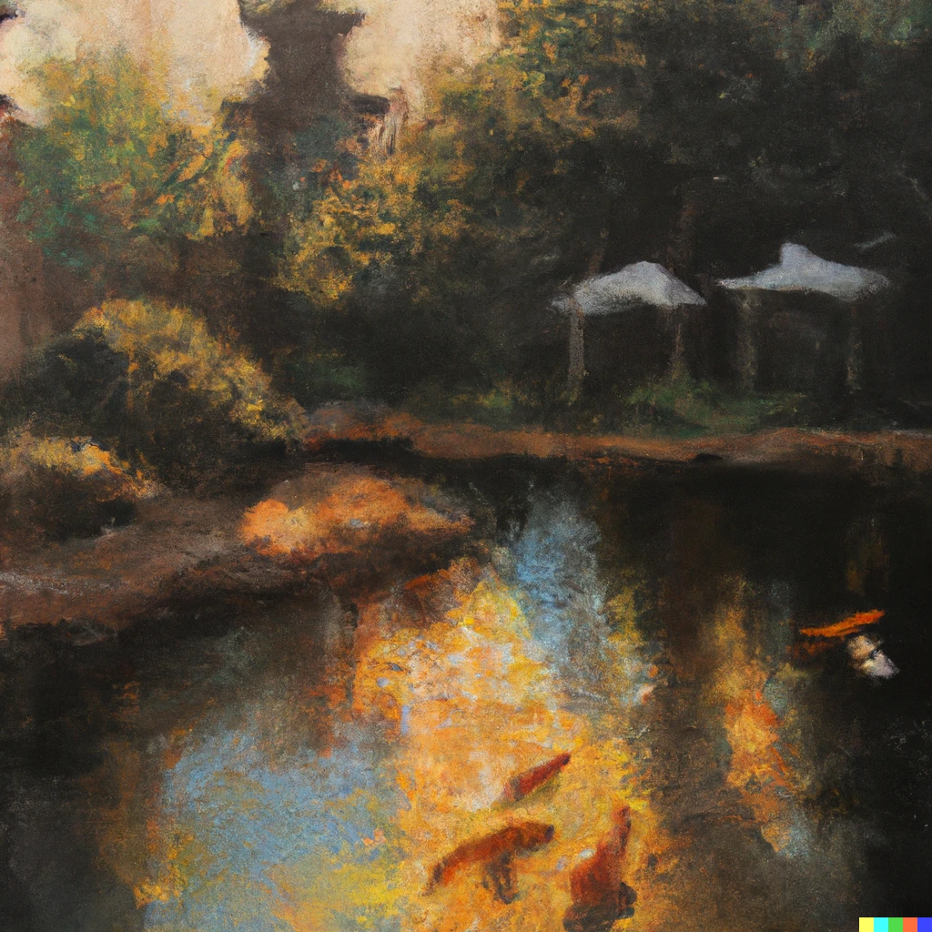 Prompt: turner oil painting of a koi pond in a courtyard at sunset