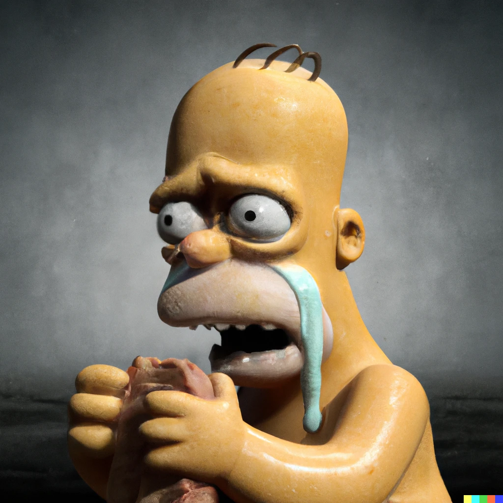 Prompt: High quality creepy 3d detailed photo of homer who is crying because he is being forced to eat bart alive