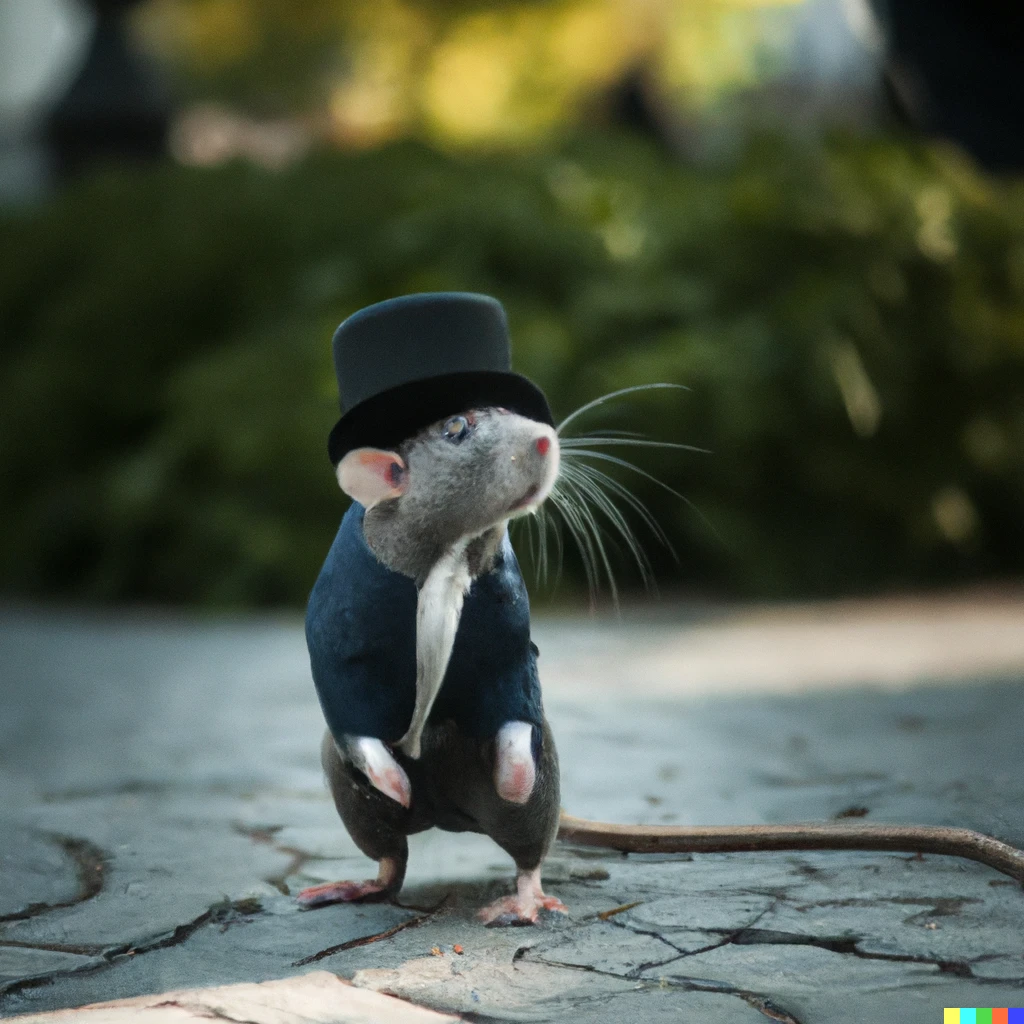 Prompt: a photo of a very stylish rat in a suit and a hat walking down the street