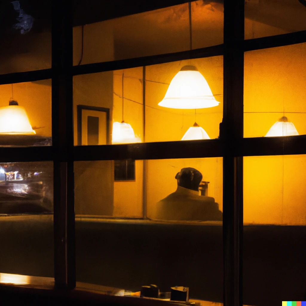 Prompt: A solitary figure in a 1950s cafe lit by fluorescent light seen from outside the window