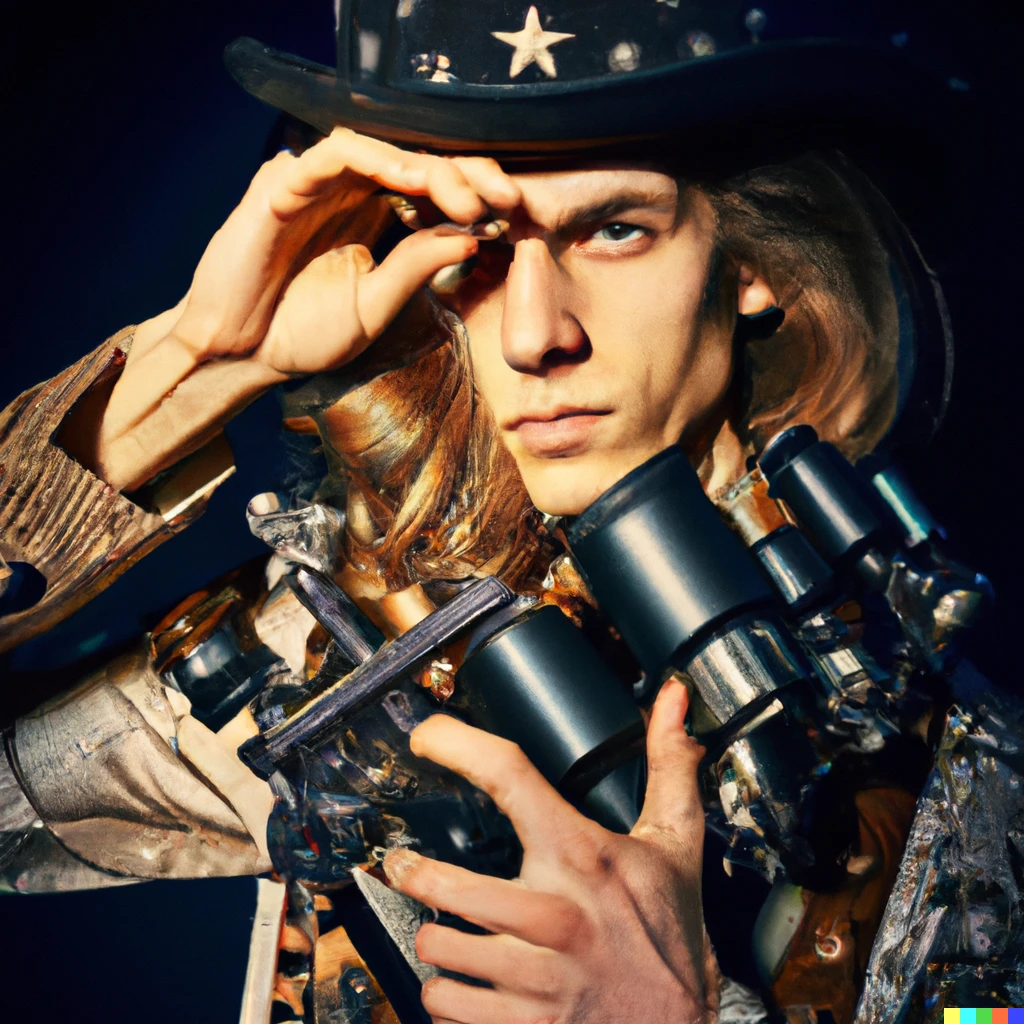 Prompt: A beautiful man with shoulder length hair marveling at a navigation sextant. Steampunk style. Stars. Top hat.