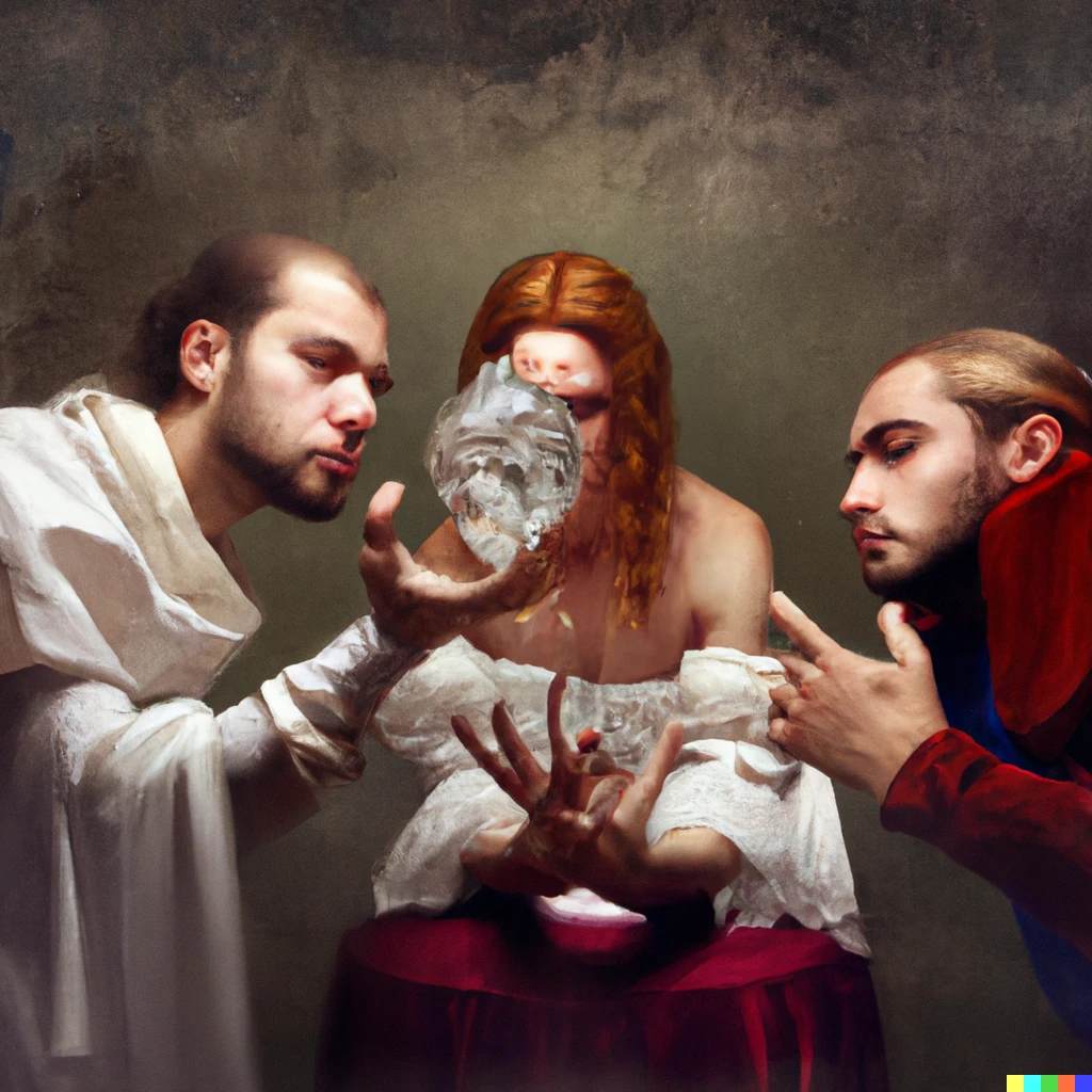 Prompt: Renaissance painting of three doomed lovers lamenting a broken glass sphere.
