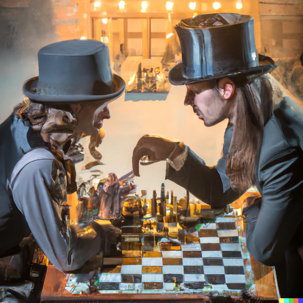 Prompt: Two beautiful men with shoulder length hair playing chess. Steampunk style. Top hat. Shafts of light and dust.