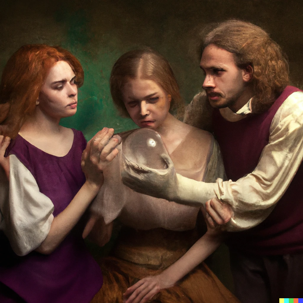 Prompt: Renaissance painting of three lovers lamenting a broken glass sphere.