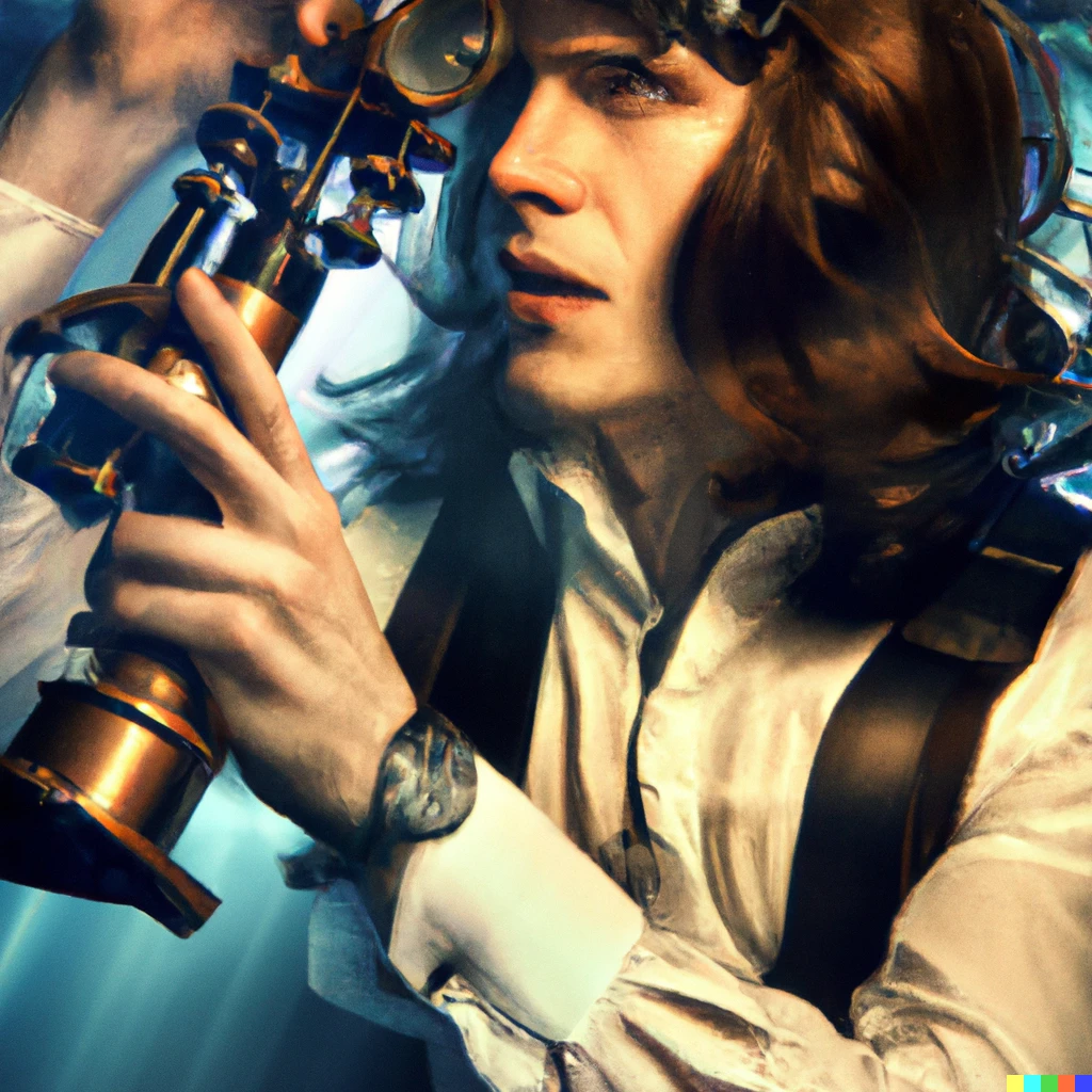Prompt: A beautiful man with shoulder length hair marveling at a navigation sextant. Steampunk style. Top hat. Shafts of light and dust.