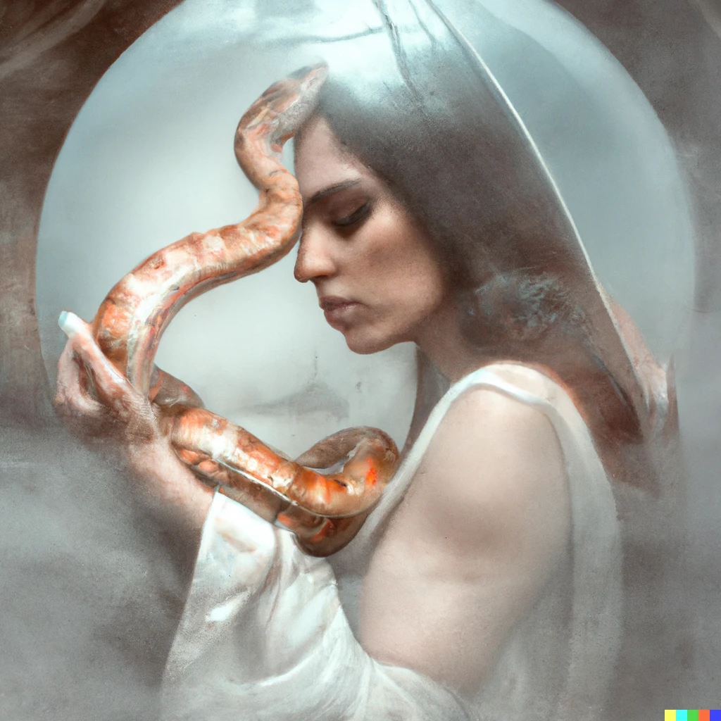 Prompt: Renaissance painting of a veiled graceful woman cradling a large glass sphere with a snake inside in the fog.