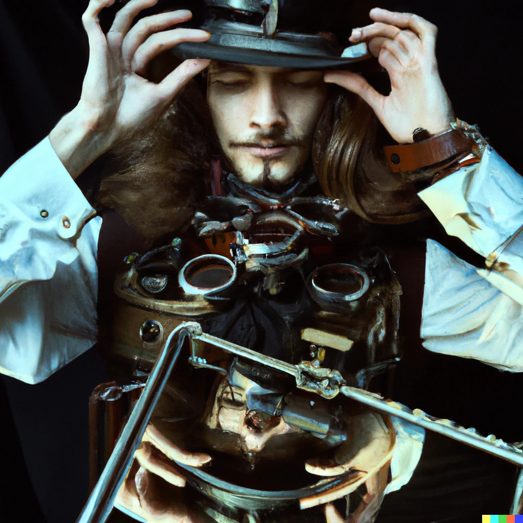 Prompt: A beautiful man with shoulder length hair marveling at a navigation sextant. Steampunk style. Mirrors. Top hat. 