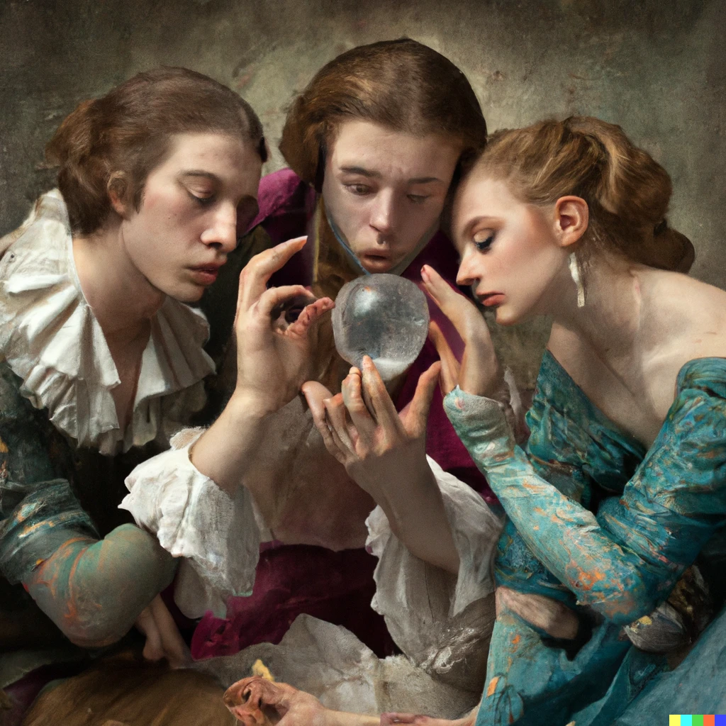 Prompt: Renaissance painting of three lovers lamenting a broken glass sphere.