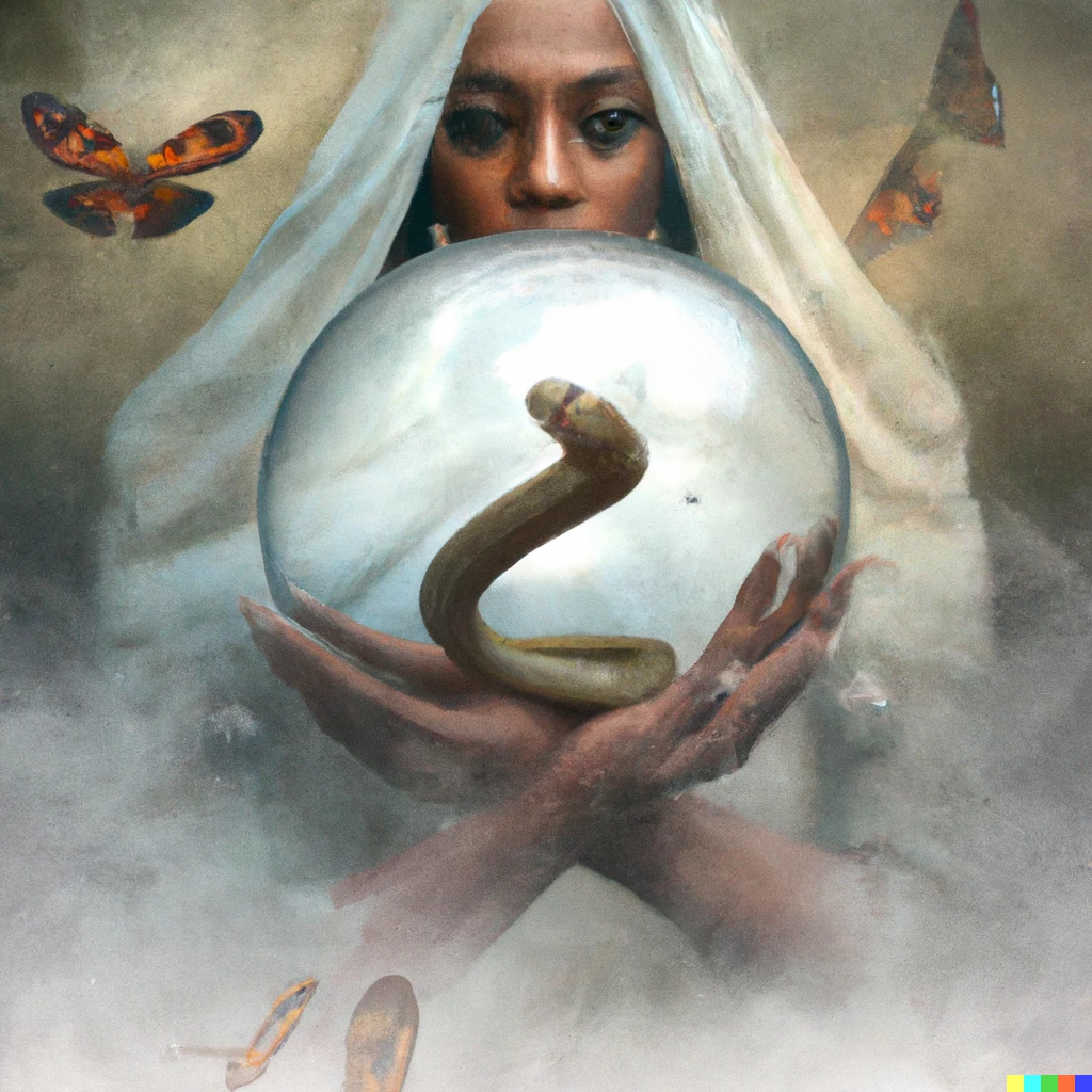Prompt: Renaissance painting of a veiled dark skinned woman cradling a large glass sphere with a snake and butterflies inside, in the fog.