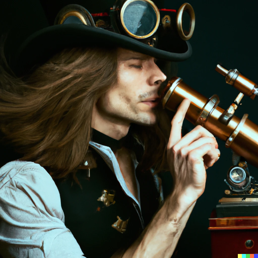 Prompt: A beautiful man with shoulder length hair marveling at a navigation sextant. Steampunk style. Stars. Top hat.