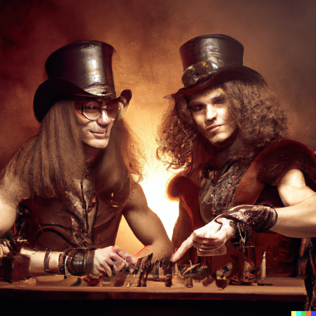 Prompt: Two beautiful men with shoulder length hair playing chess. Steampunk style. Top hat. Shafts of light and dust.