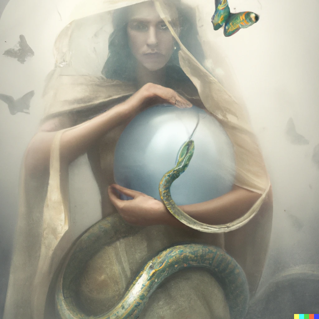 Prompt: Renaissance painting of a veiled graceful woman cradling a large glass sphere with a snake and butterflies inside, in the fog.