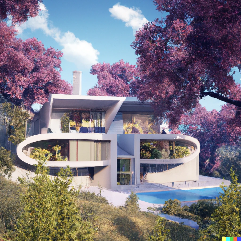 Prompt: Beautiful house on hills in middle of oak trees with beautiful pool and Jacuzzi, digital art 