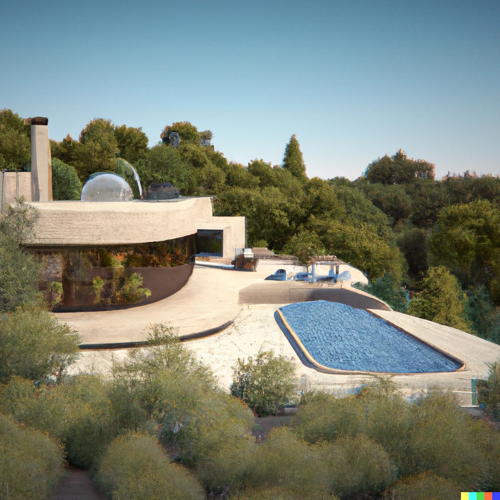 Prompt: Beautiful house on hills in middle of oak trees with beautiful pool and Jacuzzi, digital art 