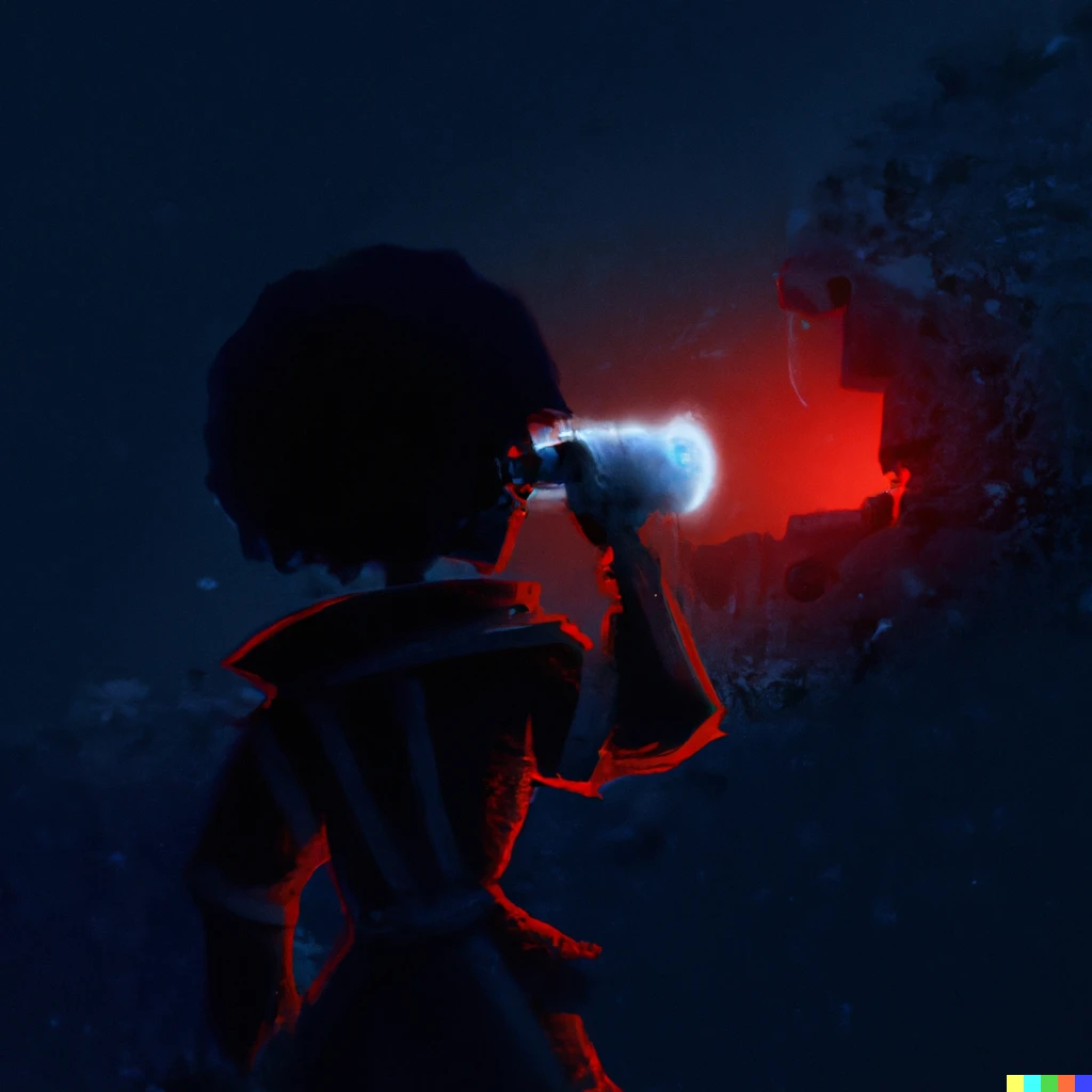 Prompt: A player looking through a spyglass towards a Warden from Minecraft coming out of the ground in the Deep Dark, lava glow in background, digital art