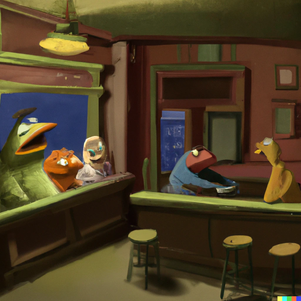 Prompt: Edward Hopper nighthawks with muppets 