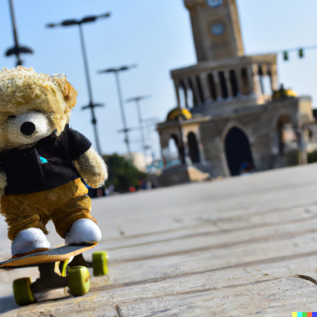 Prompt: a photo of teddy bear skateboarding around Izmir Clock Tower