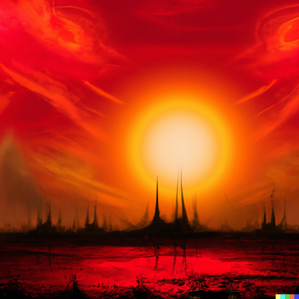 Prompt: A fantastical landscape for the RPG Numenera, large red sunset, photorealistic 