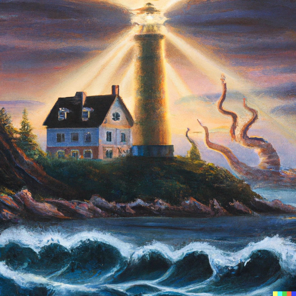 Prompt: a hyperrealistic oil painting of a lighthouse being attacked by a kraken monster at dusk. All of the lighthouse’s windows are illuminated by warm interior light. In the style of Thomas Kincade
