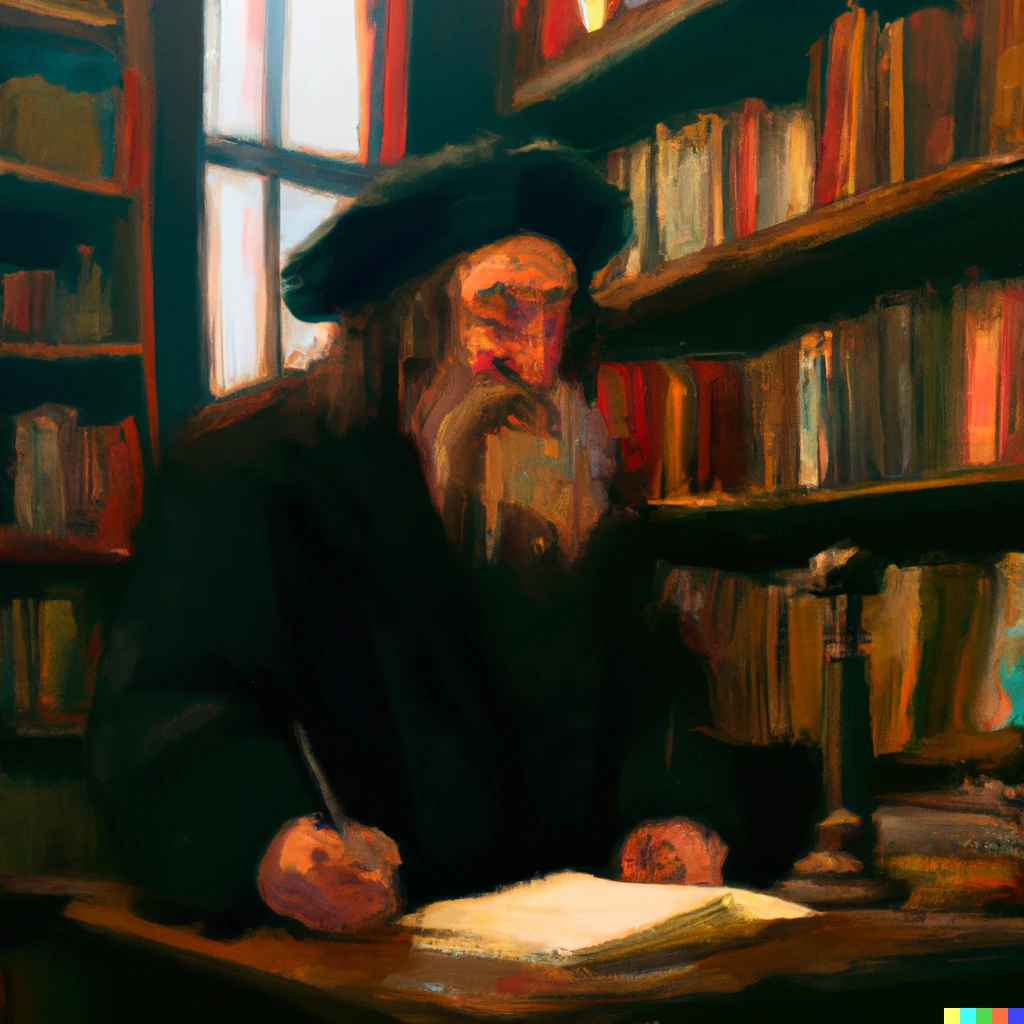 Prompt: a photorealistic painting of a lamed vovniks as a bookseller, in the style of Charles Bell 