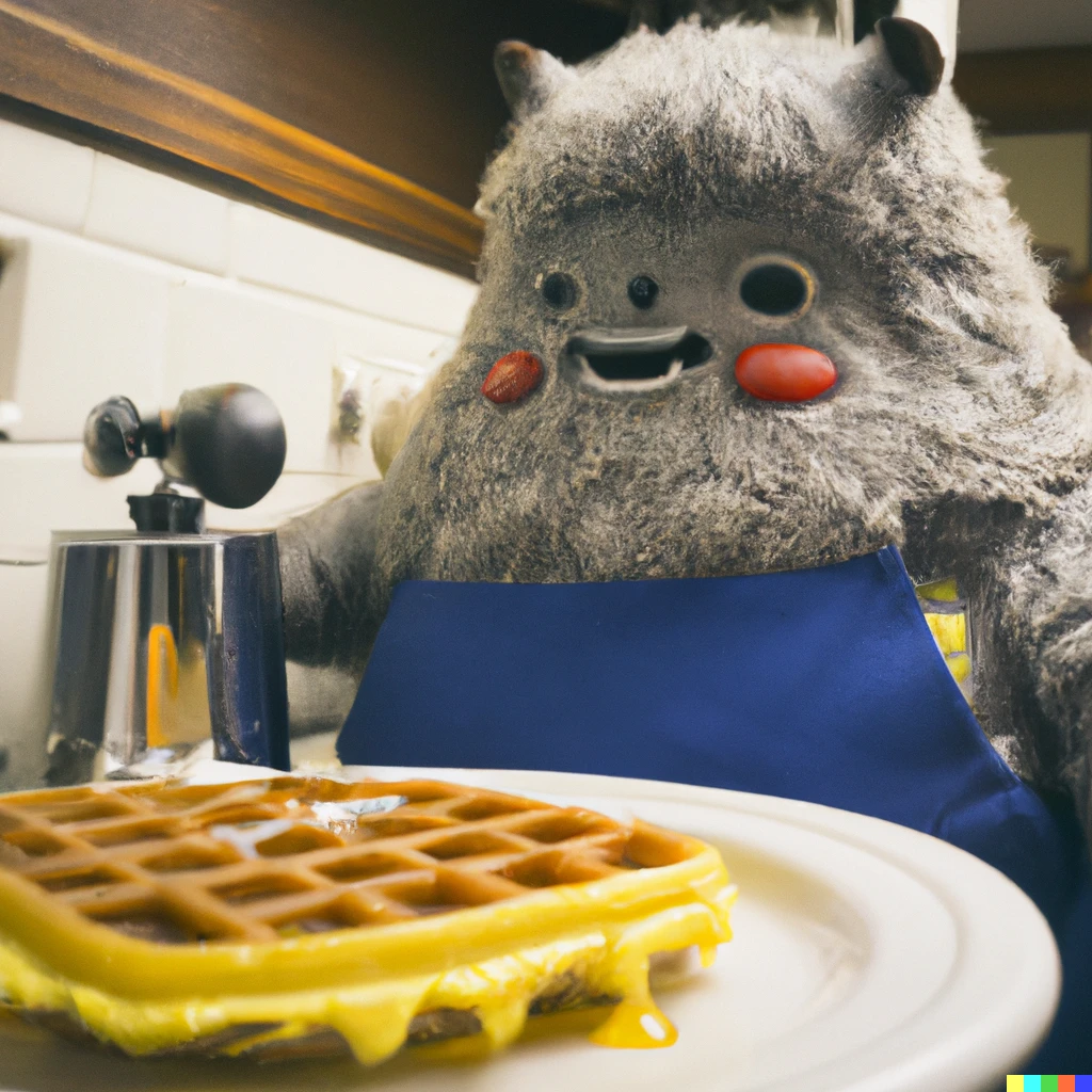 Prompt: an award-winning photograph of Studio Ghibli's Totoro working as a short-order cook at a Waffle House restaurant after a very long shift, 50mm lens, wide angle