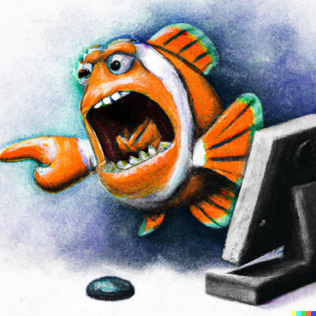 Prompt: Angry clownfish shouting and fruitlessly trying to undo by smacking the computer at a old desktop computer after he accidentally deleted his online business, realistic colored pencil courtroom sketch