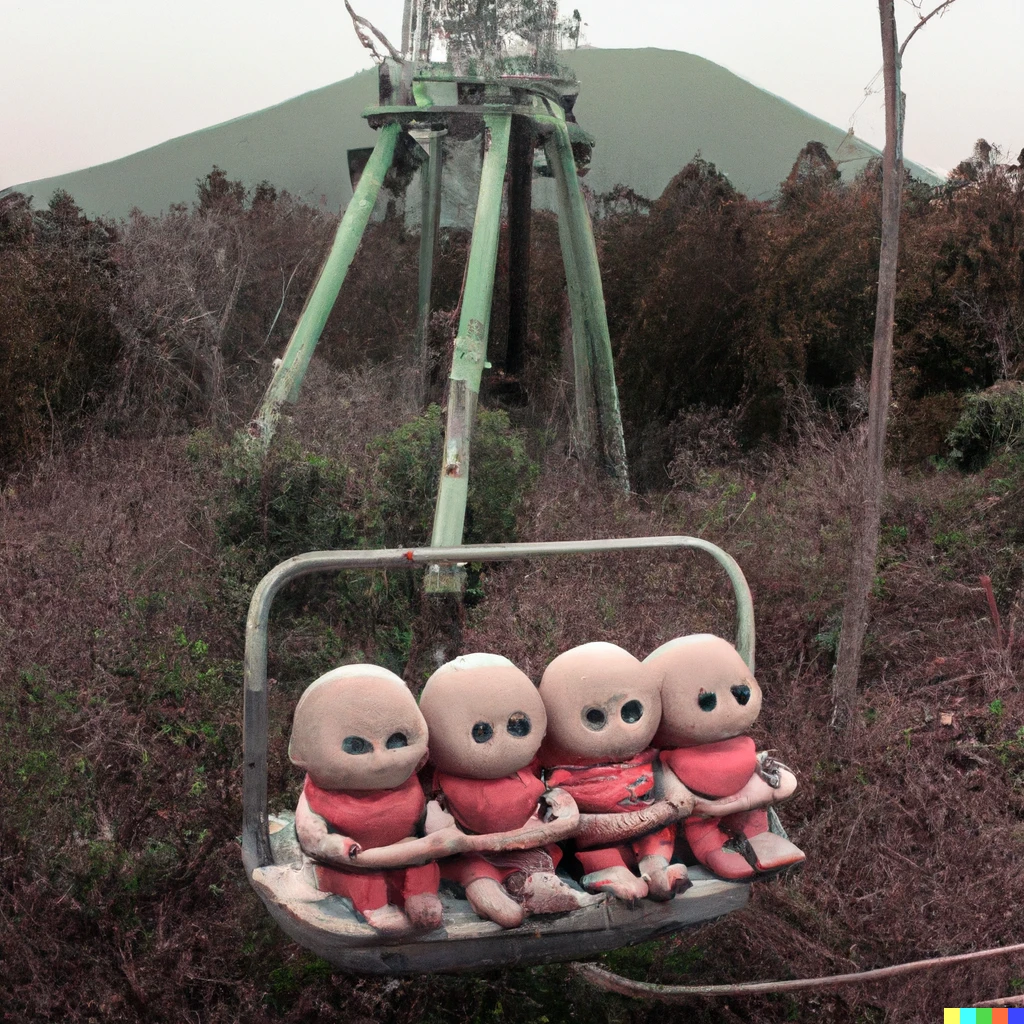 Prompt: teletubbies explore an Abandoned Spaceship Ropeway in Japan