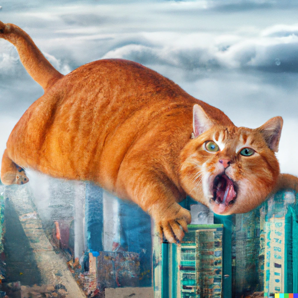 Prompt: A ginger cat the size of Gozilla attacking a city