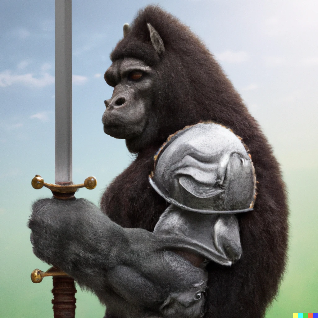 Prompt: photo of a half horse half silverback gorilla centaur holding a medieval sword