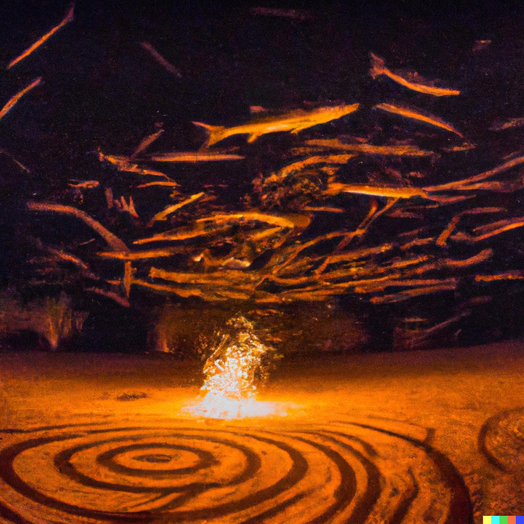 Prompt: Fish dancing around a fire in the desert at night 
