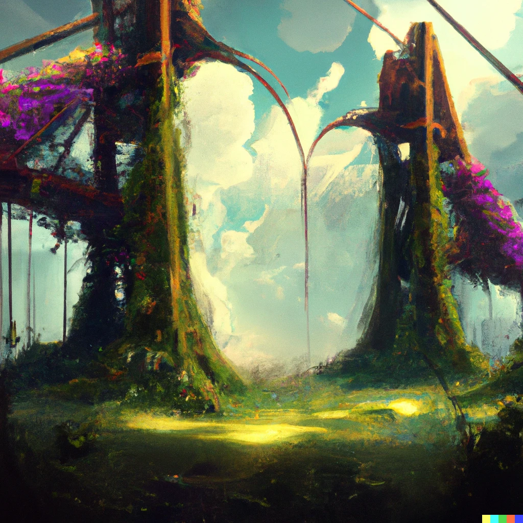 Prompt: Two towers with a bridge covered in plants , digital art
