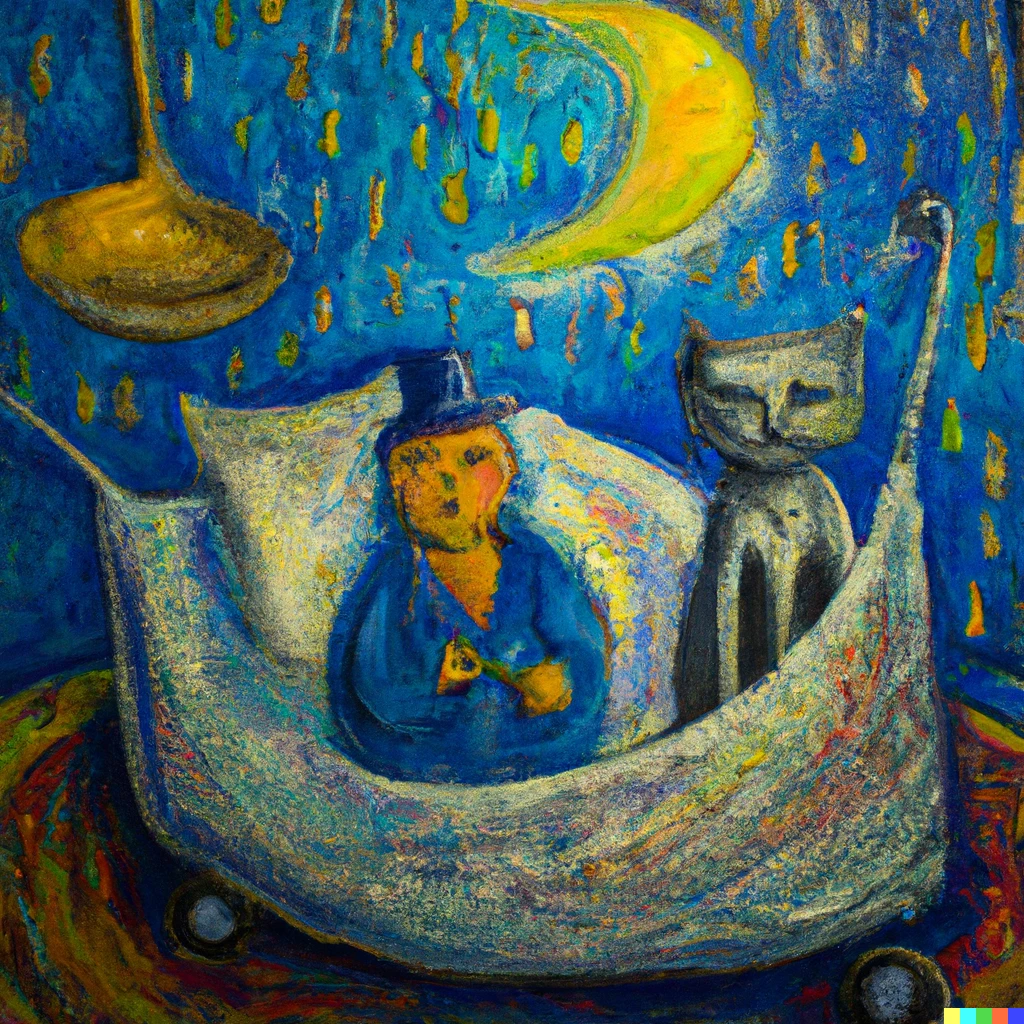 Prompt: cat's in the cradle and the silver spoon
Little boy blue and the man in the moon in an impressionist style