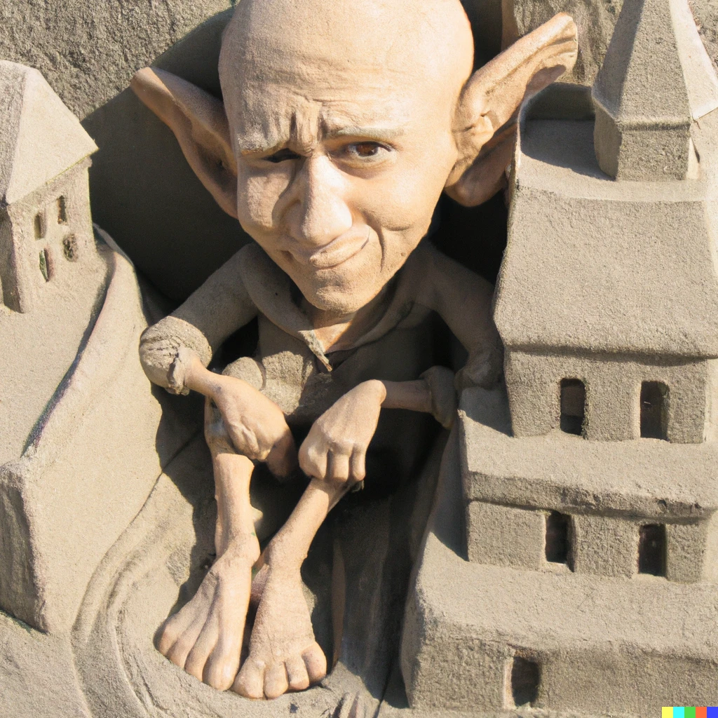Prompt: Dobby the house-elf builds Hogwarts sand castle, photorealistic, detailed, at the beach