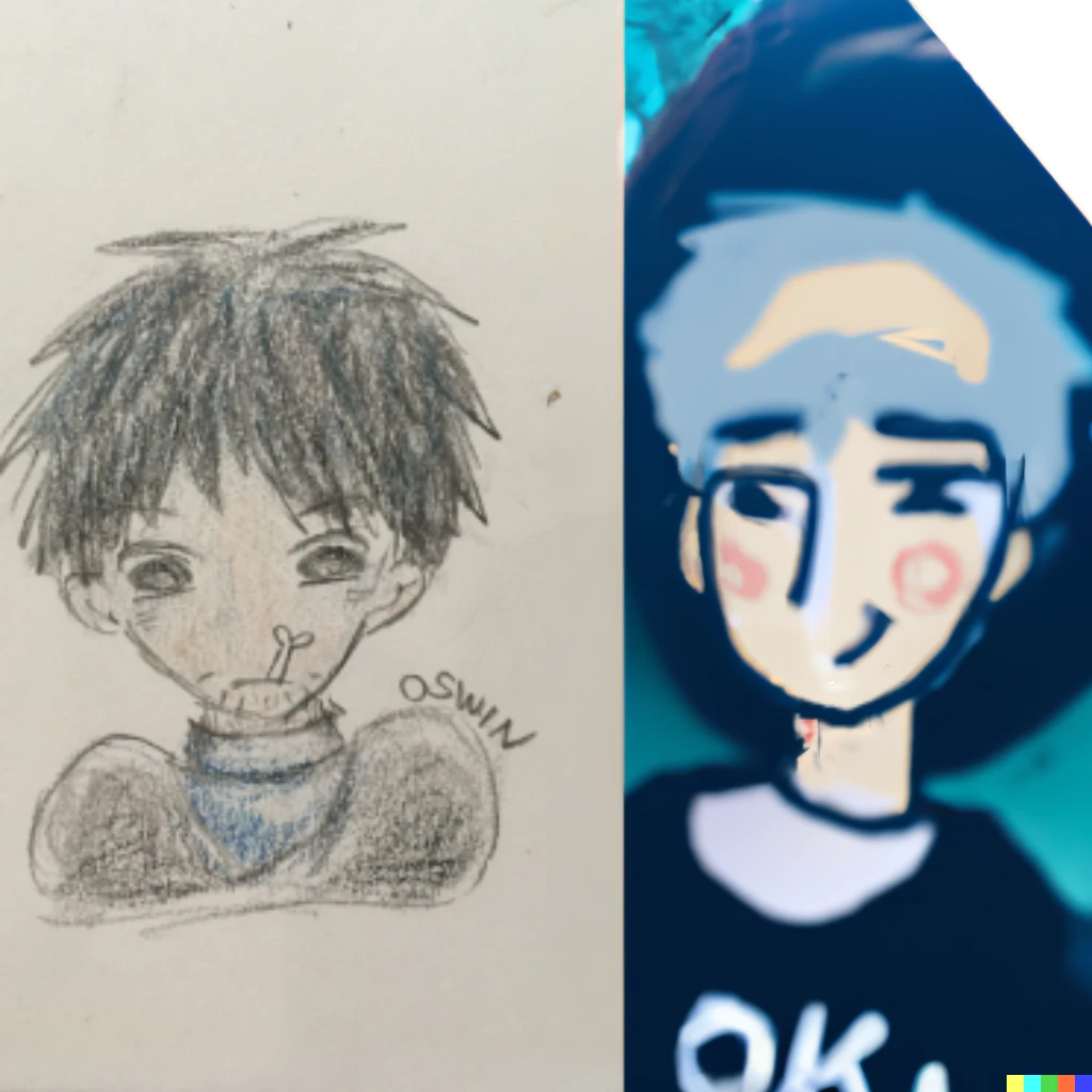 Prompt: digital art on the right that mirrors the sketch on the left