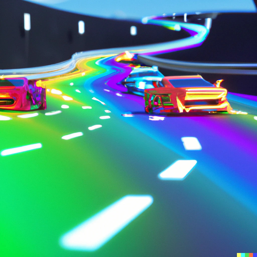 Prompt: cars driving on rainbow road, unreal engine