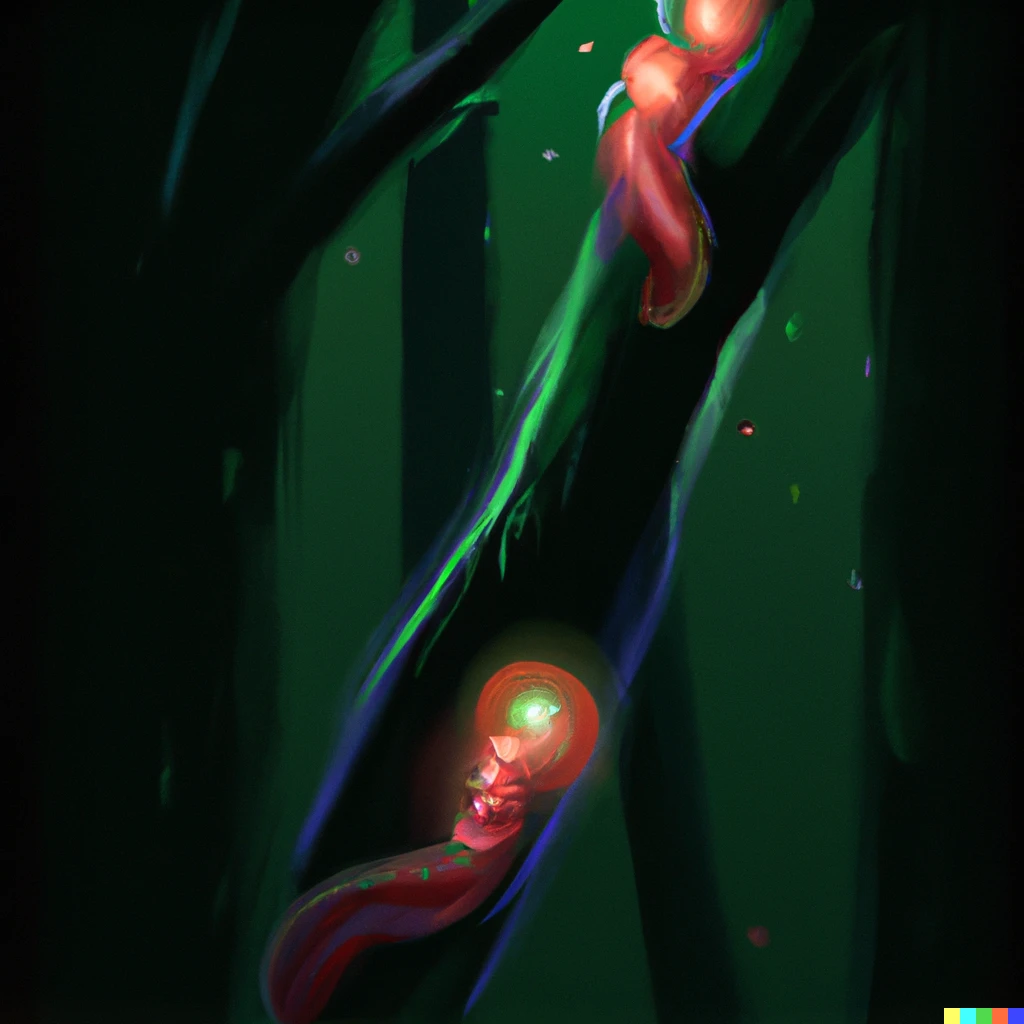 Prompt: On a branch in a dark but appeasing forest, you see two glowing little creatures next to each other.  One is like a letter I and is looking around with awe while the other looks like a caterpillar in a cocoon and sleeps peacefully. Digital art, slightly psychedelic.