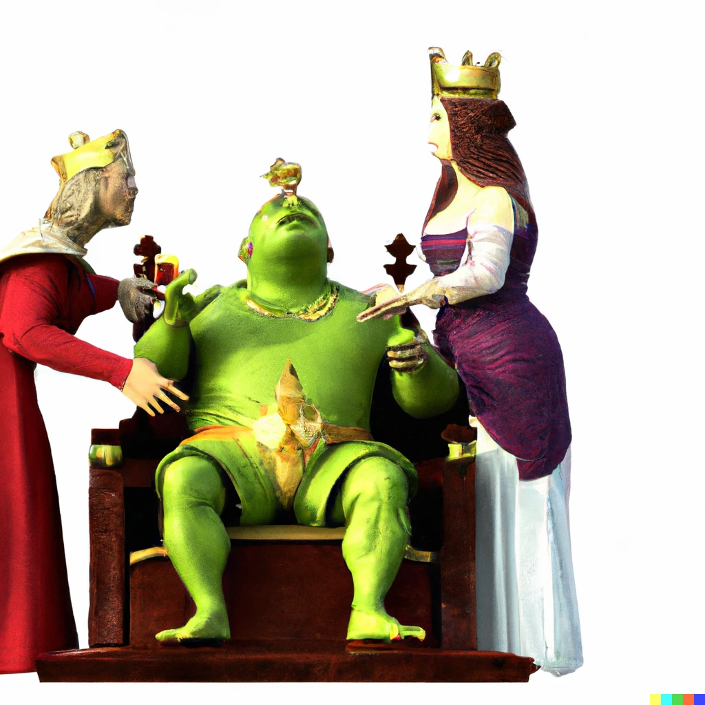 Prompt: classical artwork of the coronation of Shrek as a King, 3d render