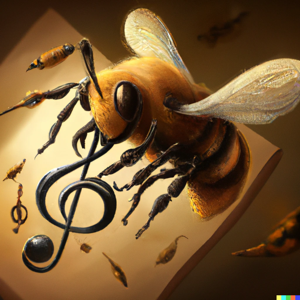 Prompt: A wealthy bumble bee painting the last musical note, digital art