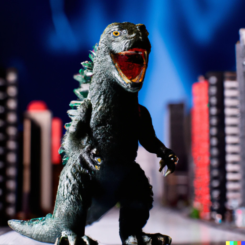 Prompt: "A plastic toy Godzilla stands in a toy model city, photorealistic, studio lighting, 35mm"