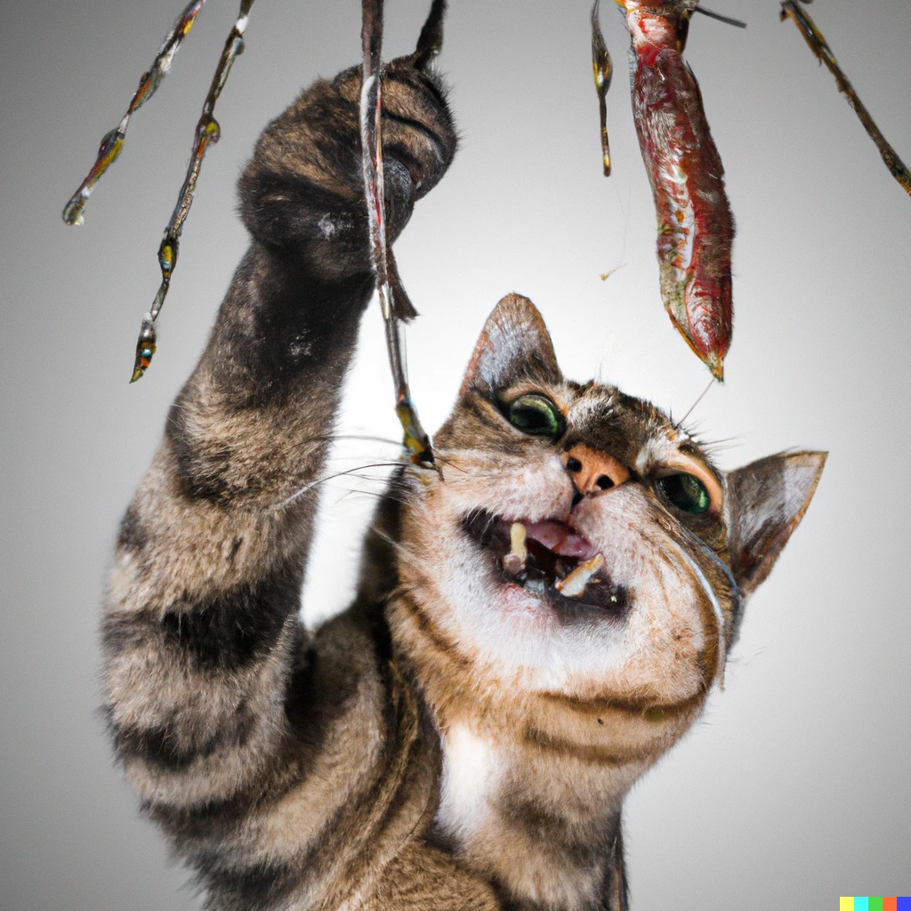 Prompt: underwater shot of a cat looking glad holding a branch that has some kind of grilled meat on it, detailed, real, studio lightning 