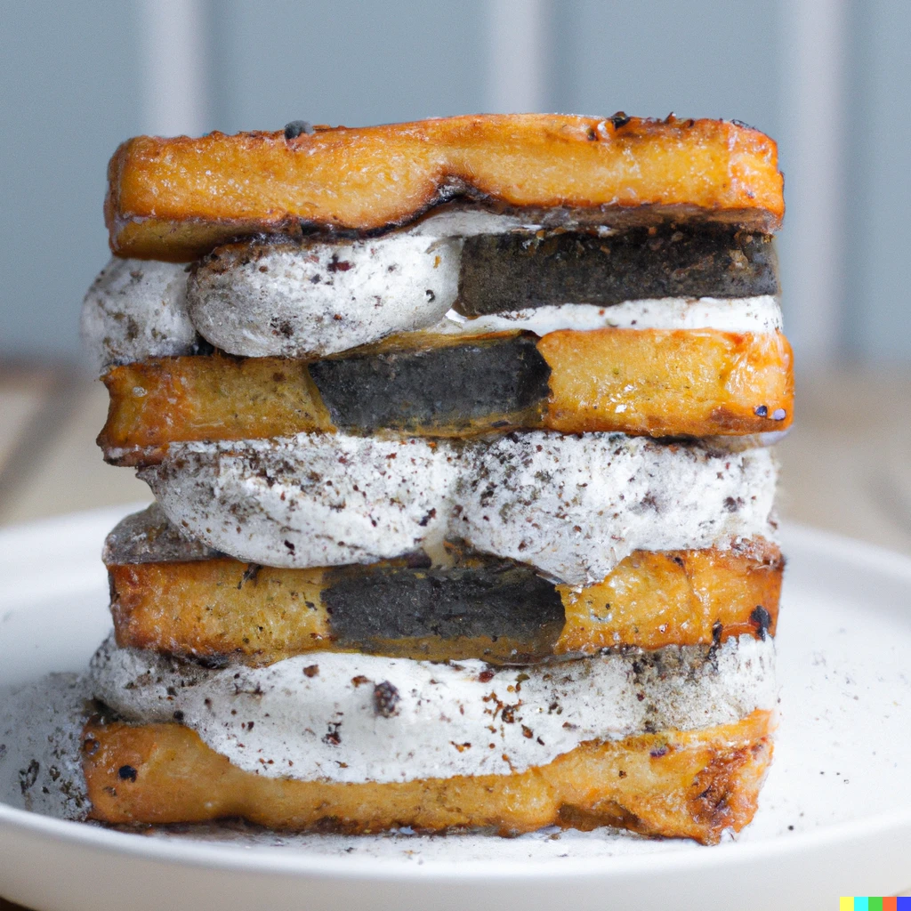 Prompt: A cookies and cream dessert French toast sandwich with Oreos inside of it. cookbook photo