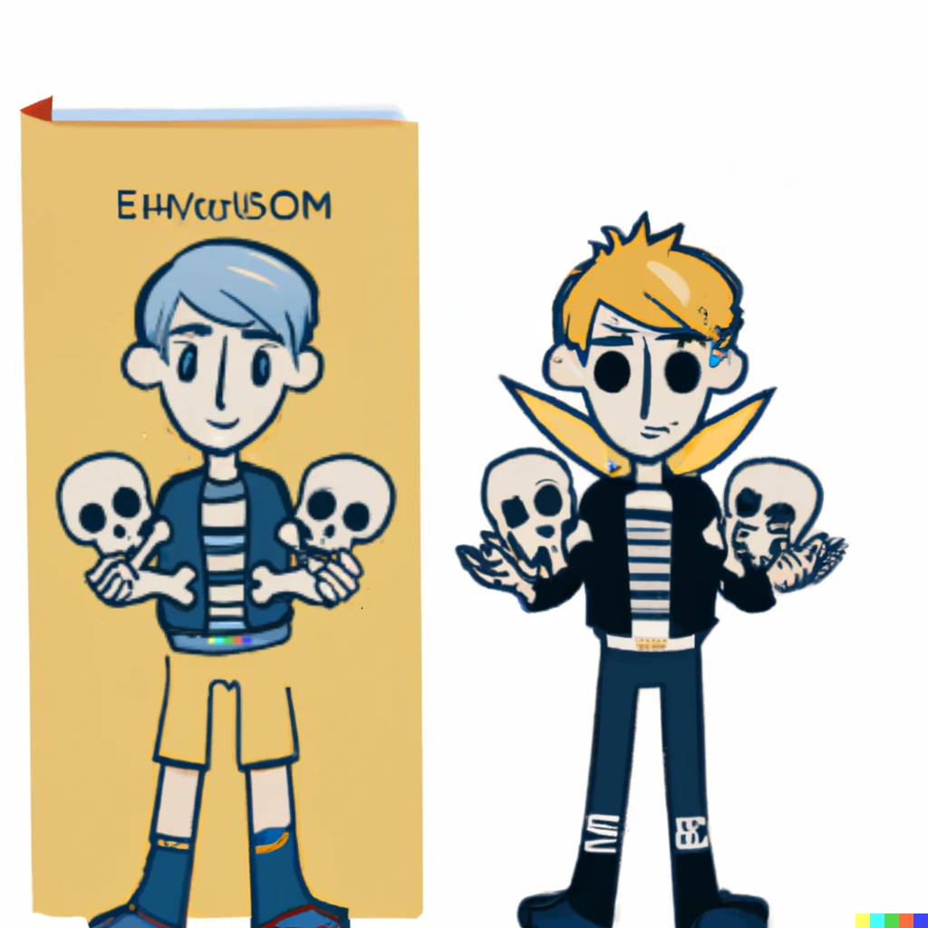 Prompt: a blue haired boy holding skulls and a blond noble holding a book, sticker illustration