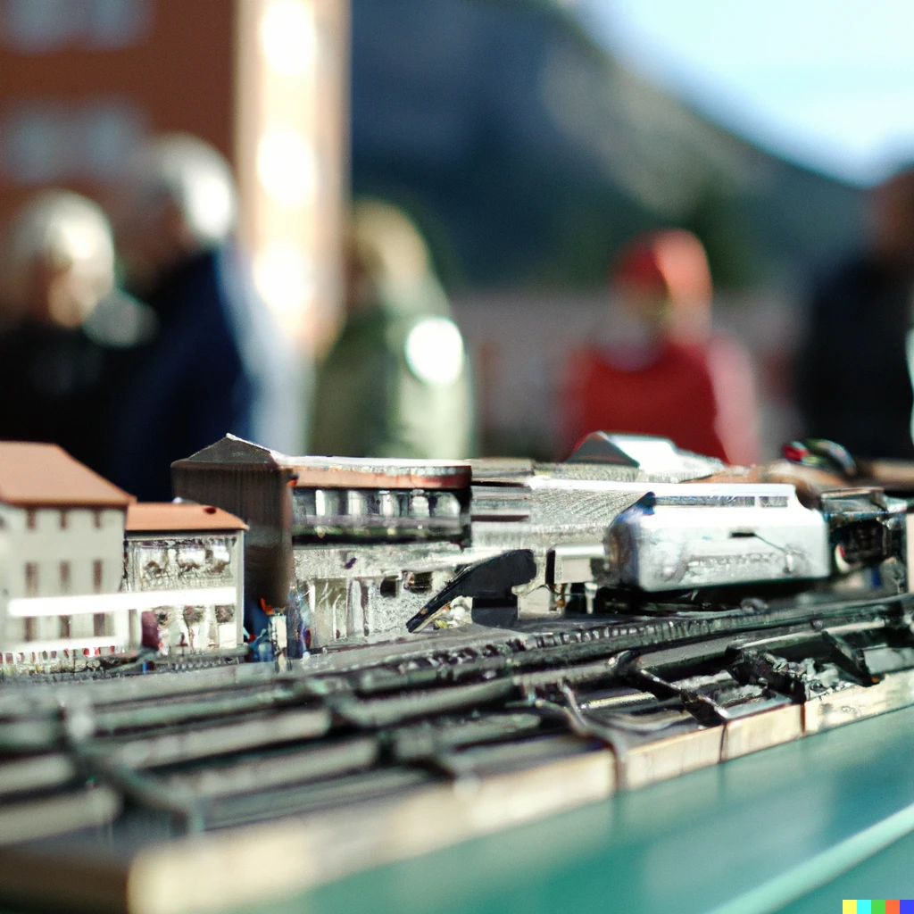 Prompt: detailed high quality miniature  of train, in town, hills in background, people