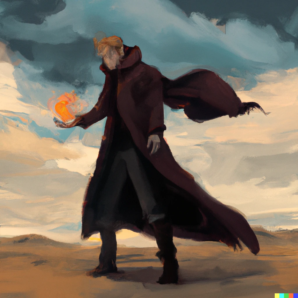 Prompt: black coat blond male mage, throwing fireballs, desert, digital art