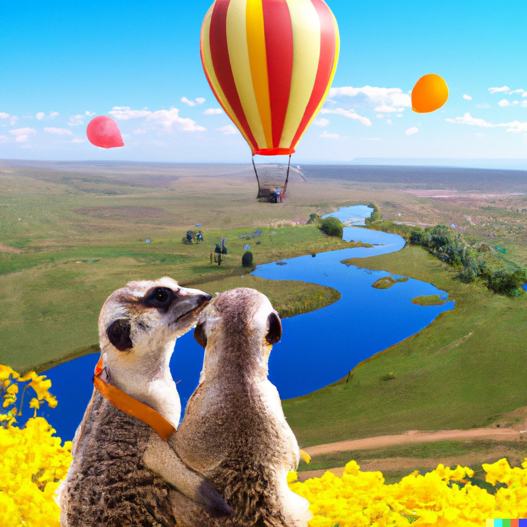 Prompt: Two meerkats sitting next to each other on top of a mountain and looking at the beautiful landscape. There is a mountain, a river lake, and fields of yellow flowers. There are hot air balloons in the sky.