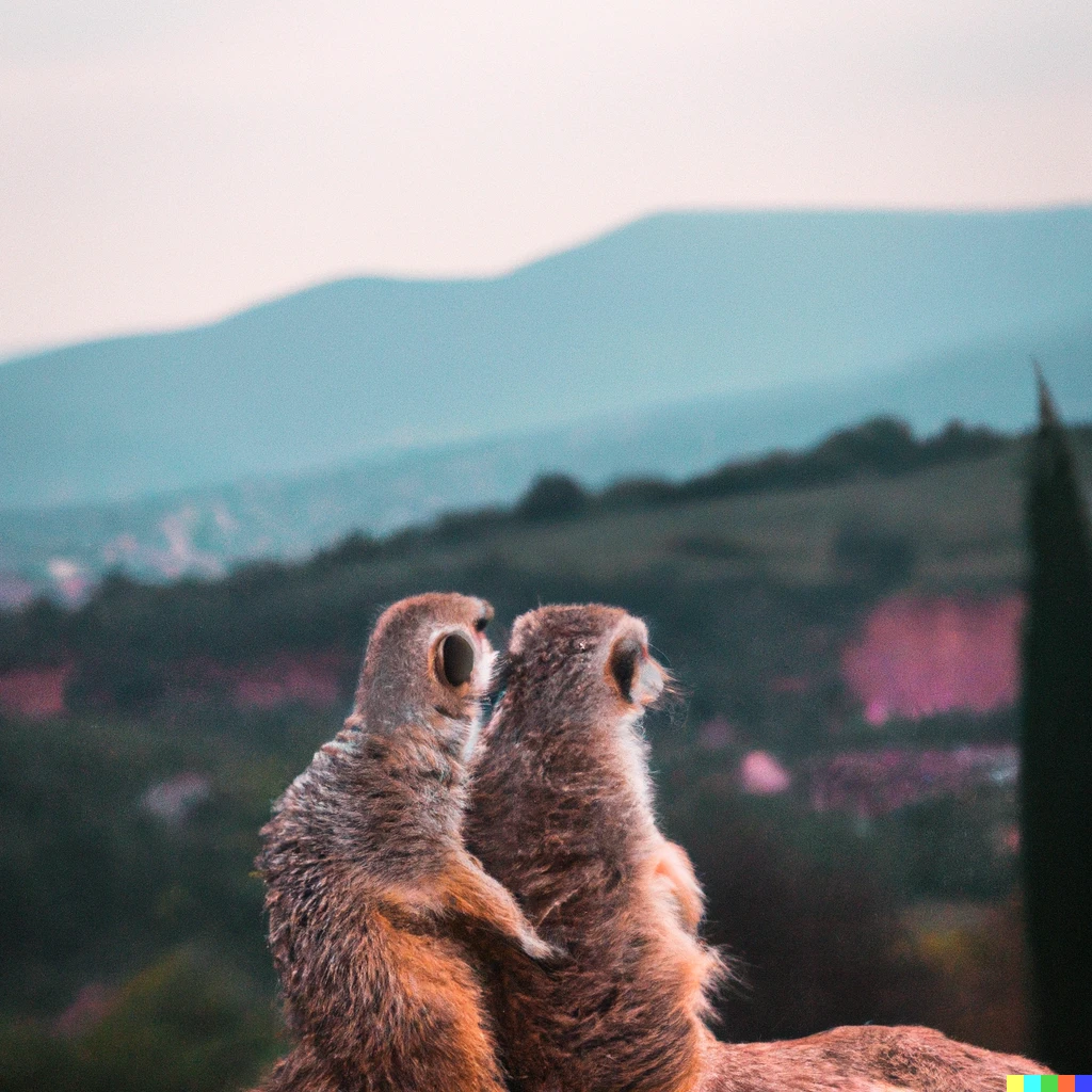 Prompt: A magical scenery of two meerkats sitting next to each other on top of a mountain and looking at the beautiful landscape.  Photograph.