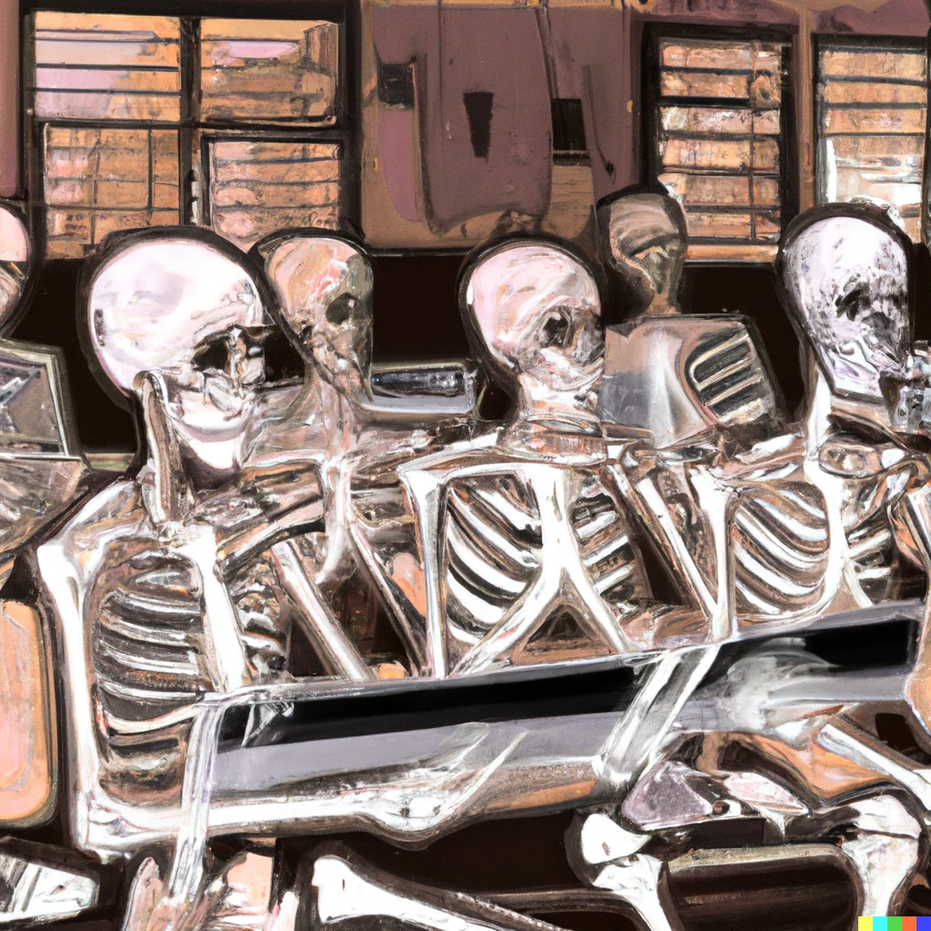 Prompt: Digital art of skeletons in a morgue learning how to count