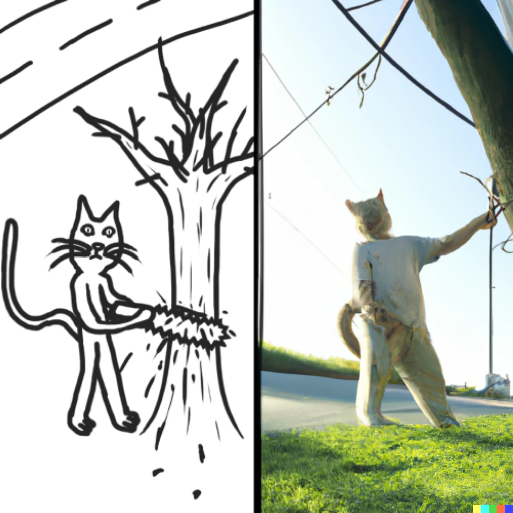 Prompt: a photorealistic render on the right of the exact same cat sawing a tree near the road on the left 